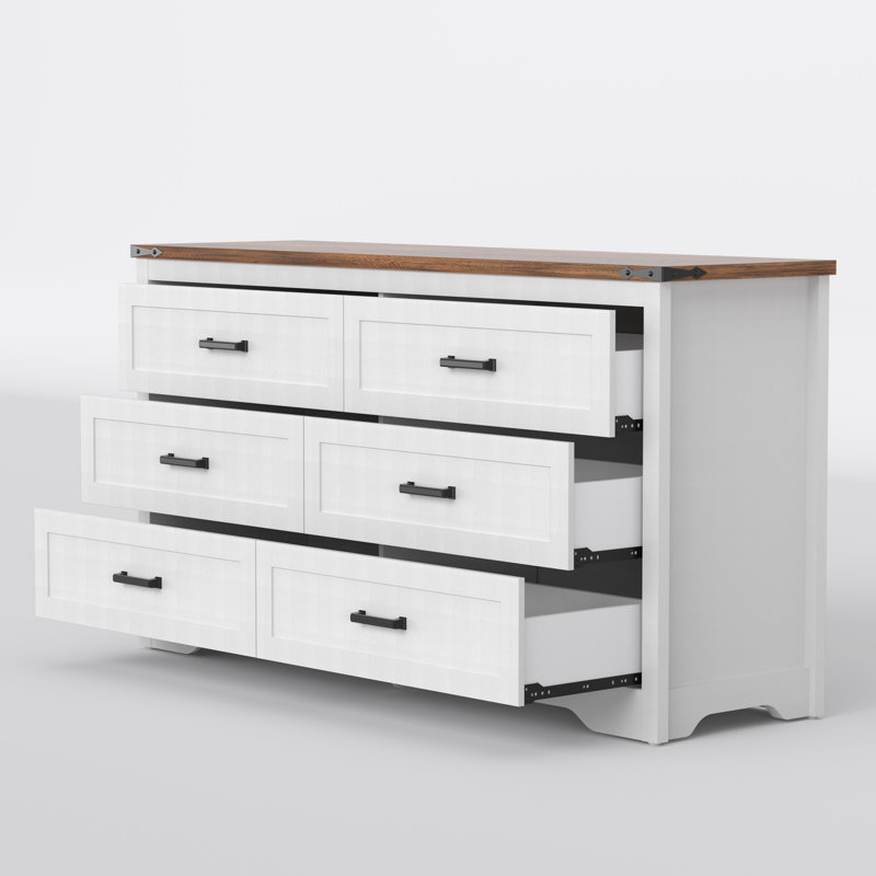 Commode double à 6 tiroirs avec panneau supérieur rustique Emryss, Blanc