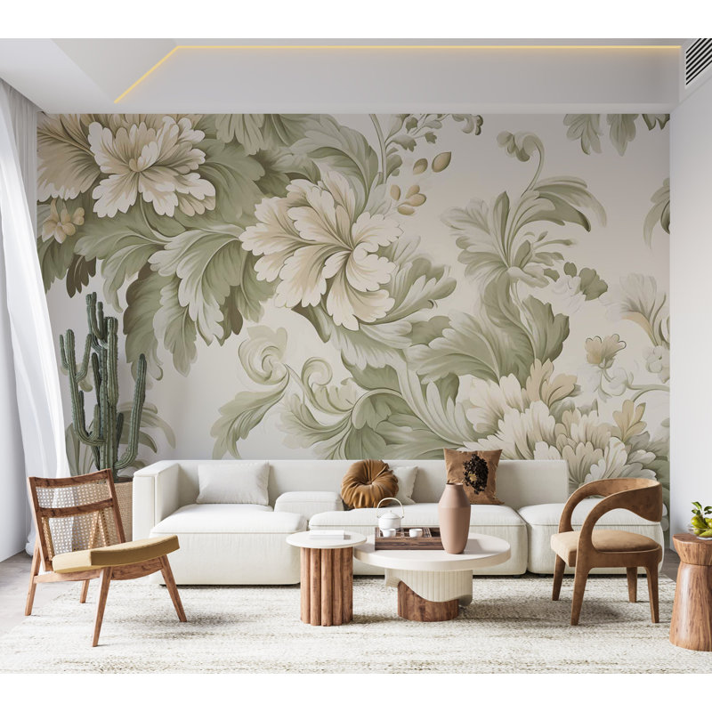 Murale à motif floral pelez et collez - Fleurs rétro rétro crème, L 100 po x l 135 po