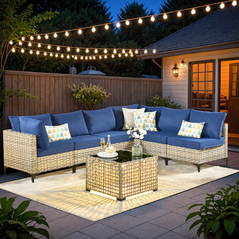 Emroy 7 Piece Sectional Seating Group with Cushions, Navy