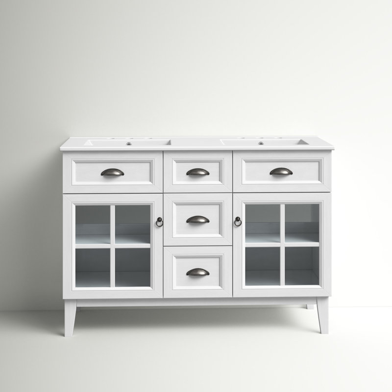 Isle 48" White Double Sink Bathroom Vanity Cabinet with Glass Doors