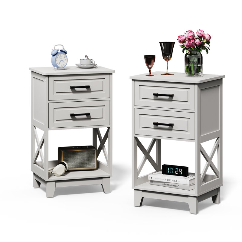 Table de chevet 2 tiroirs Havelka, Ensemble de 2, Blanc