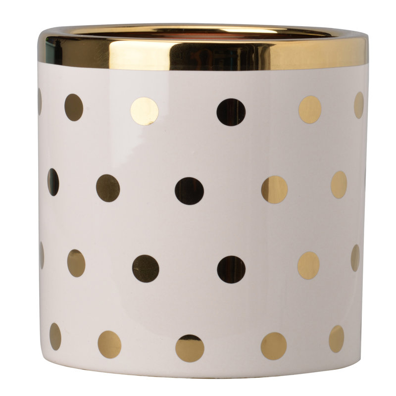  Jardinière - pot à fleurs cylindrique en céramique blanche et dorée à motif de pois de 4,7 pouces