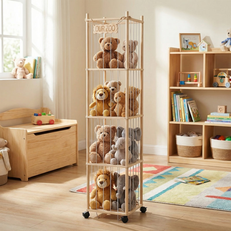 Organisateur de rangement pour animaux en peluche BrooveWave, porte-jouets en peluche en bois avec corde élastique, rangement pour jouets de grande capacité pour chambre d'enfant