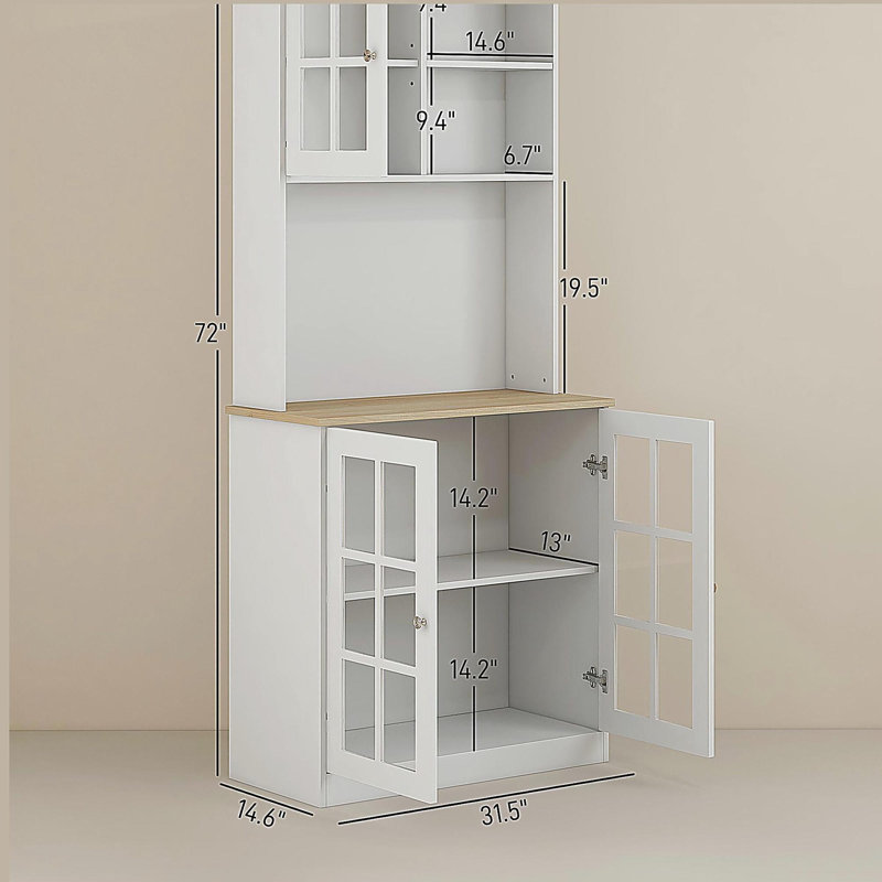 Grande armoire de cuisine de comptoir, armoire de rangement autoportante avec huche, portes en verre et tablettes réglables