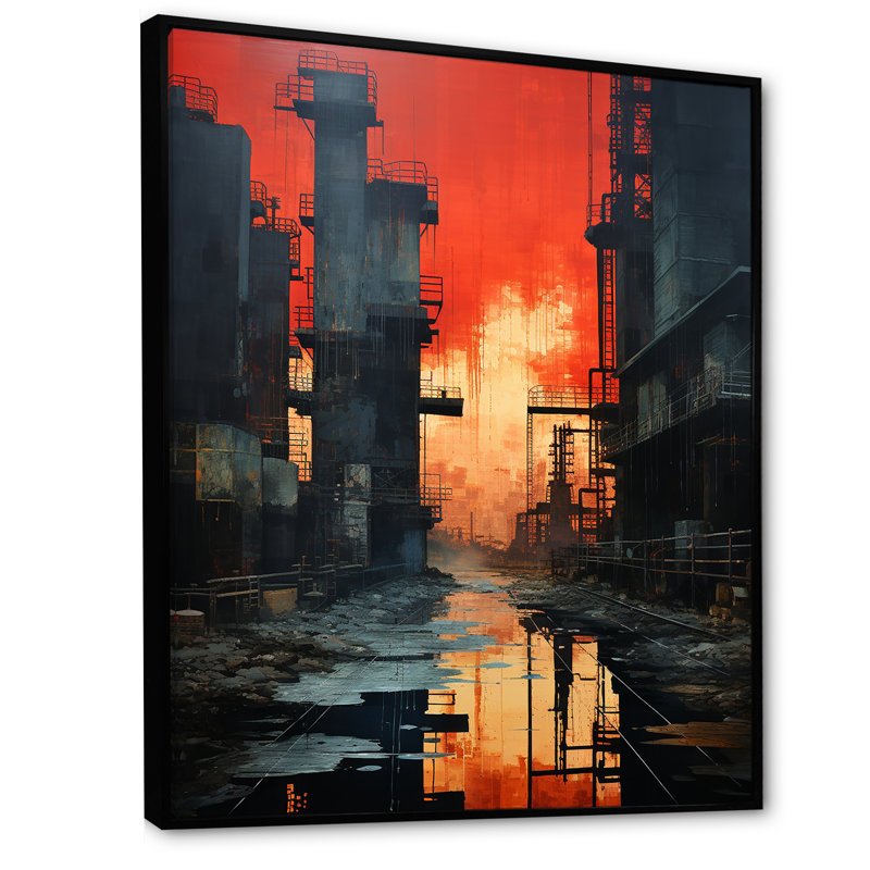 Échos de l'usine cramoisie sur toile, H 40 po x l 30 po x P 1,5 po, Cadre flottant noir