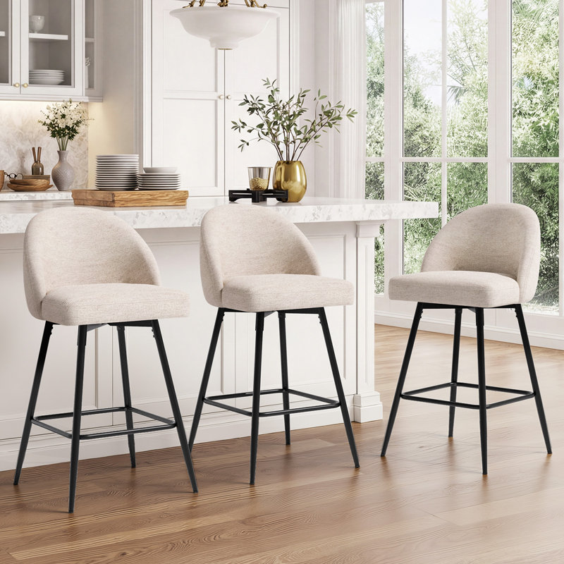 Ensemble de 3 tabourets de bar pivotants Levick, tabourets de bar à hauteur de comptoir avec dossier et pieds en métal - Beige