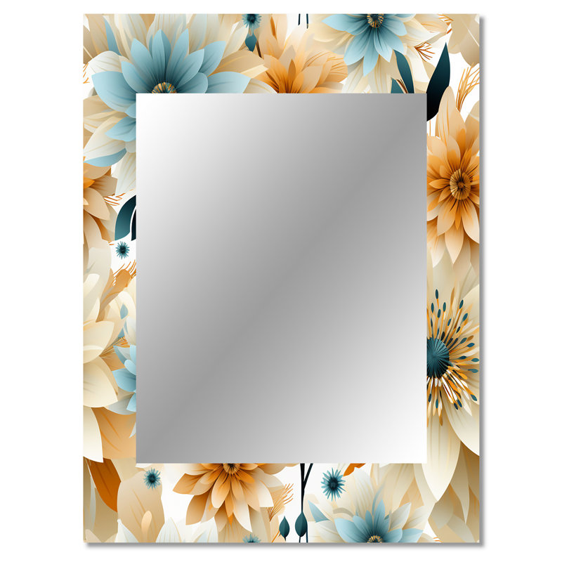 Jacobsen Blue And Beige Geometric Floral Fusion Elegance - Floral Decorative Wall Mirror, Cottage Mirror, Printed Metal Art