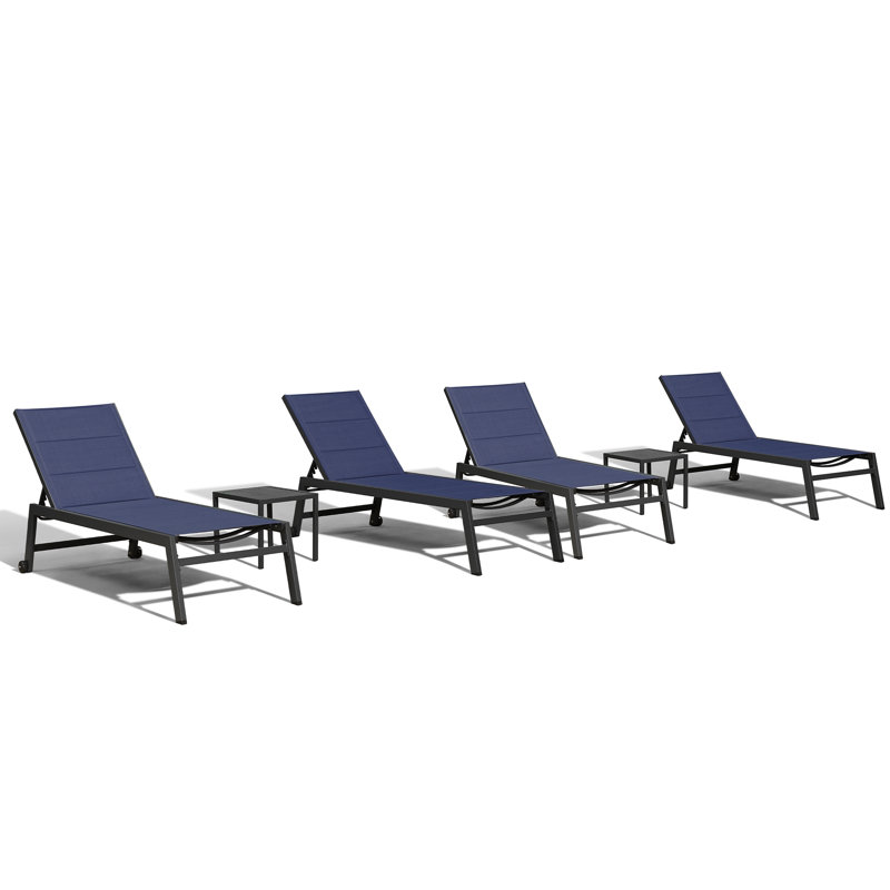 Chaise longue d'extérieur en métal avec table, Bleu marine