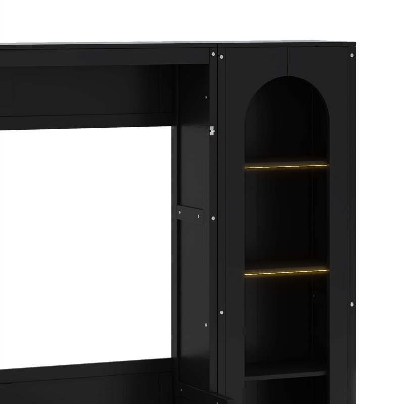 Grand lit plateforme escamotable avec tablette, armoires latérales, tiroirs et DEL, Noir