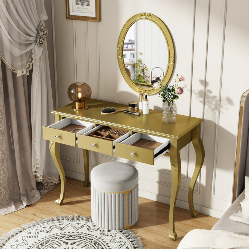 Bureau de maquillage avec miroir ovale, Doré