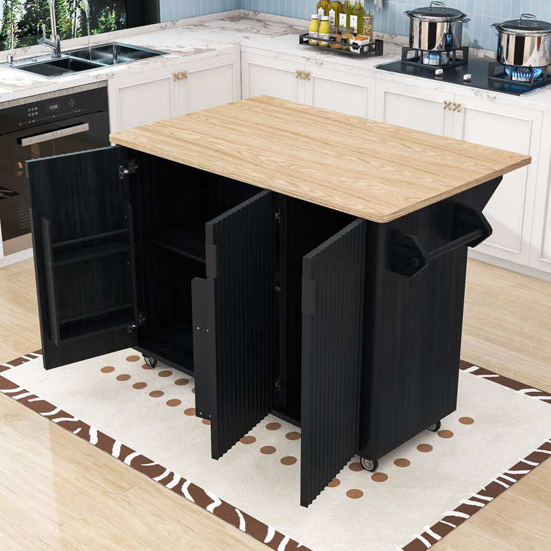 Corilla Farmhouse Rolling Wooden Kitchen Cart with Expandable Drop-Leaf and Internal Storage, Black Ash