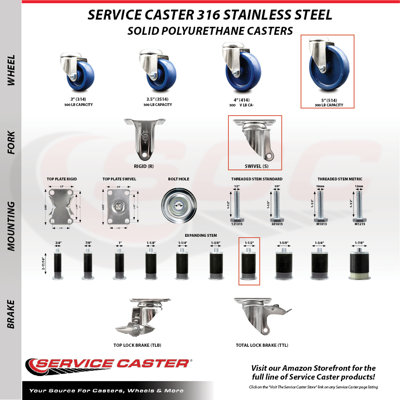 316SS Solid Polyurethane Swivel Expanding Stem Caster Set SCC