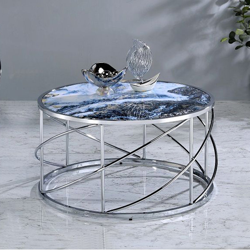 Table basse ronde avec plateau en marbre bleu et chrome