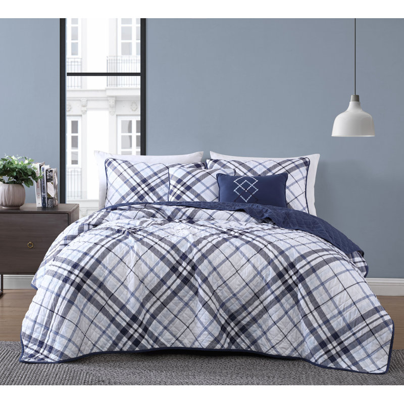 Khalvin Polyester Plaid Quilt, Twin Quilt + 2 Pillows + 1 Sham, Indigo