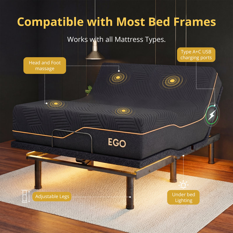 EGOHOME 15” Massaging Zero Gravity Adjustable Bed with 14" Memory Foam Mattress, California King