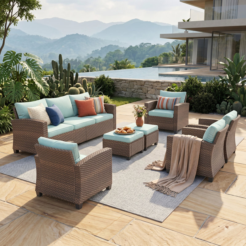 Ensemble de conversation pour patio en osier 9 personnes Salem, Coussin Pro Performance bleu toile, Non