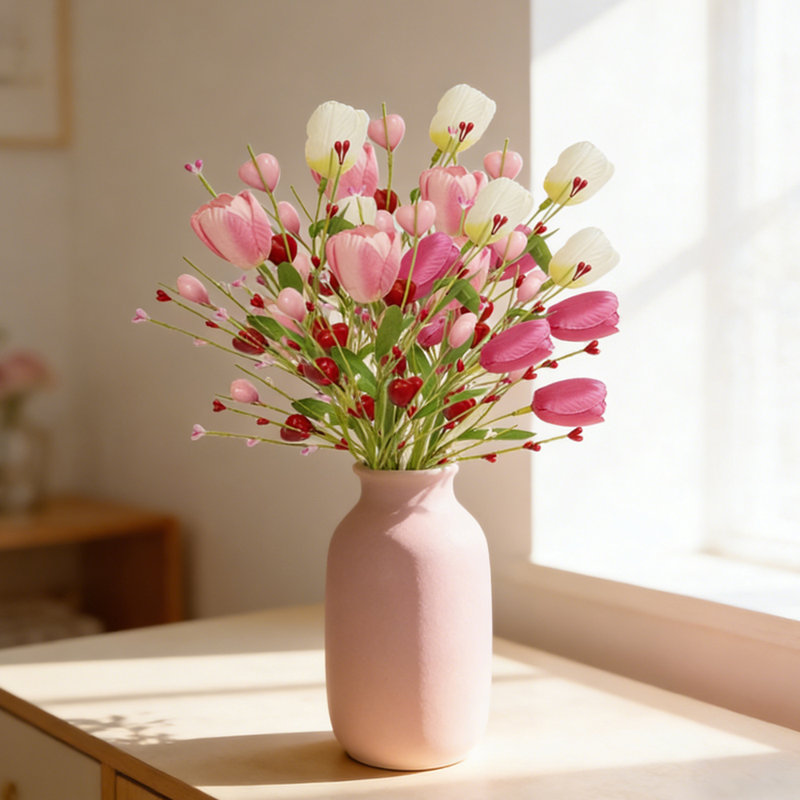 6 pièces de fleurs artificielles pour la Saint-Valentin - tulipe rouge et rose avec baies en forme de cœur, tiges de 14 pouces / 36 cm de long, matériau en mousse durable et fil métallique, décor romantique pour la maison, le bureau, les mariages et les occasions spéciales