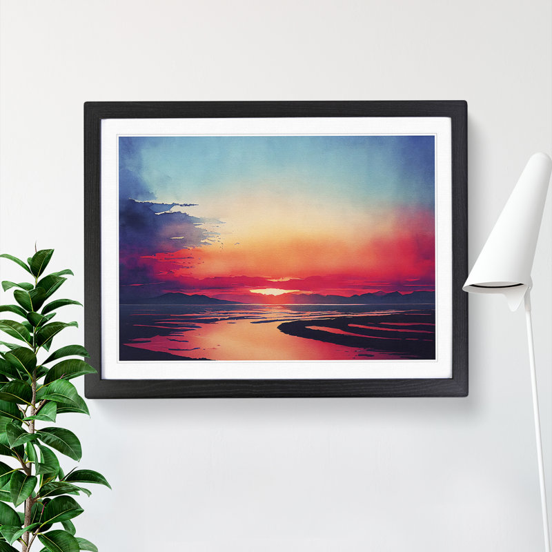 Watercolour Ocean Skyline - Single Picture Frame Painting, 46cm H x 64cm W x 2cm D, Black