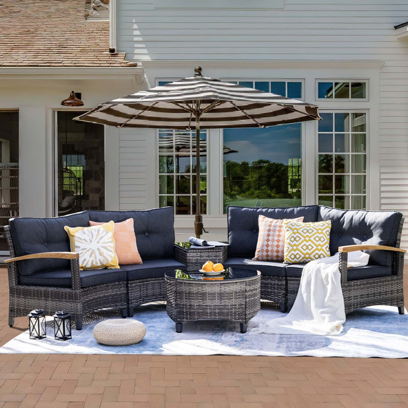 6 Piece Outdoor Patio Furniture Set, Half-Moon Curved Sectional Sofa Rattan Patio Conversation Set With Wood Armrests, Tempered Glass Round Coffee Table & Side Table