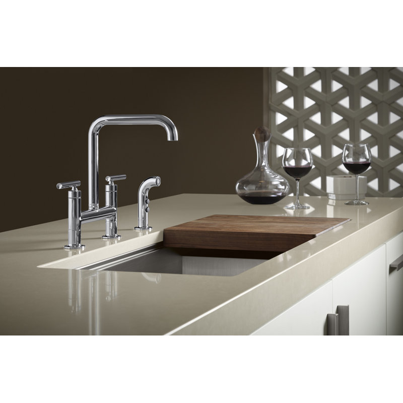 Kohler Purist® Two Handle Deck-Mounted Bridge Kitchen Sink Faucet with Pull Out Side Sprayer, Vibrant Brushed Moderne Brass