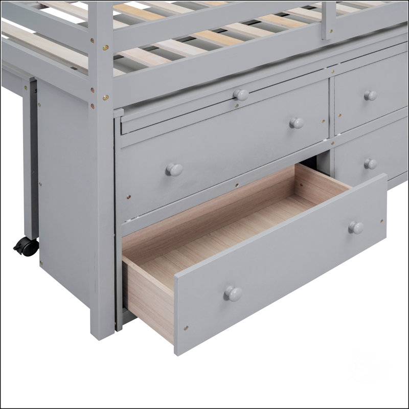 Lit mezzanine multifonctionnel en pin massif avec 4 tiroirs de rangement, bureau latéral rétractable et tablettes latérales ouvertes, barrières de sécurité complètes, livré en 2 paquets Assemblage facile