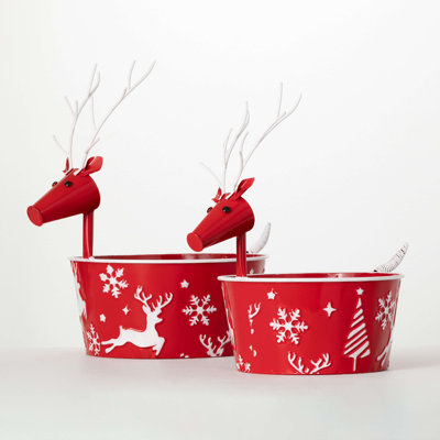 15.5" & 18" Christmas Embellished Red Reindeer Pots Set of 2, Red & White
