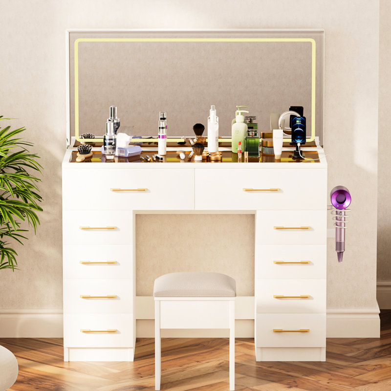 Bureau de meuble-lavabo 46 po avec 10 tiroirs, miroir de maquillage, tabouret, 3 modes d'éclairage, prise de courant, glissières silencieuses - grand port pratique éclairé pour chambre blanche, miroir personnalisable et charge
