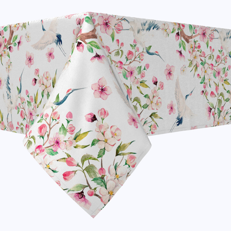 Rectangular Tablecloth, 100% Cotton, 52X104", Cranes & Pink Flowers, 104" L x 52" W