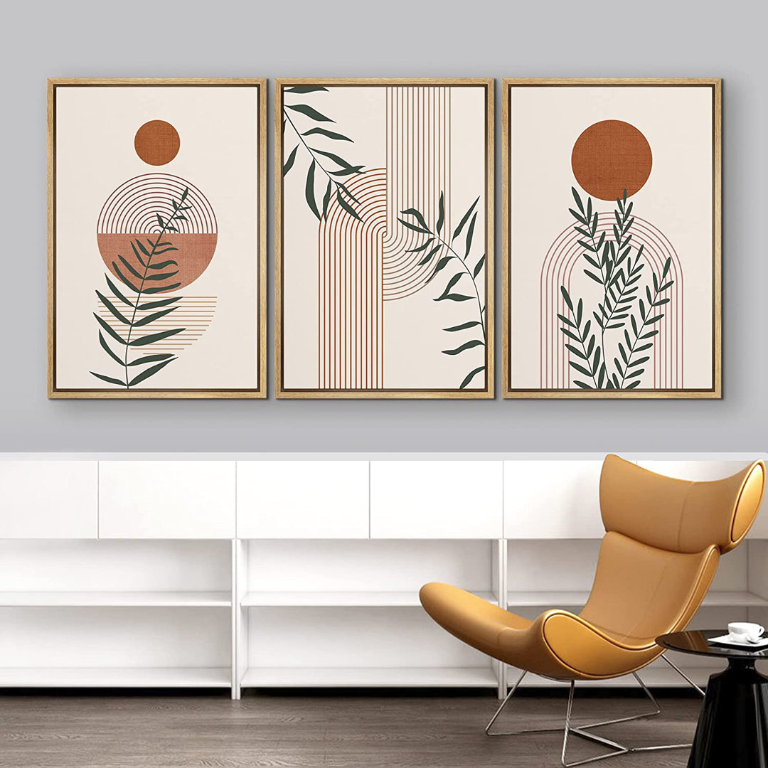 Mid Century Modern Boho Geometric Forest Plant Polygon - 3 Piece Floater Frame Graphic Art Set on Canvas IDEA4WALL Frame
