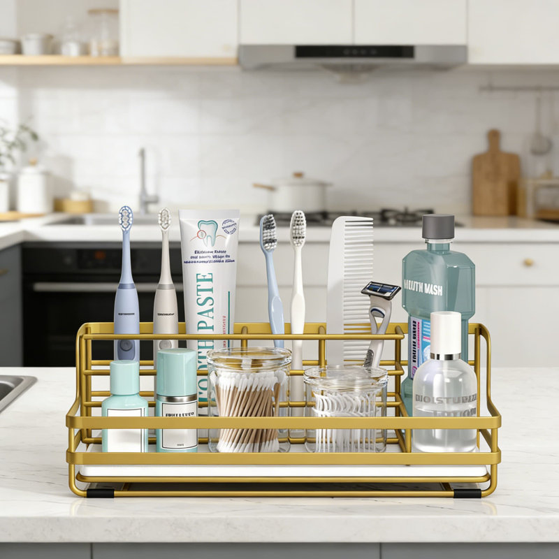 Organisateur de comptoir de salle de bain avec pierre à séchage instantané, brosse à dents en acier inoxydable à 5 fentes et porte-dentifrice pour brosses à dents électriques, rangement pour meuble-lavabo peu encombrant