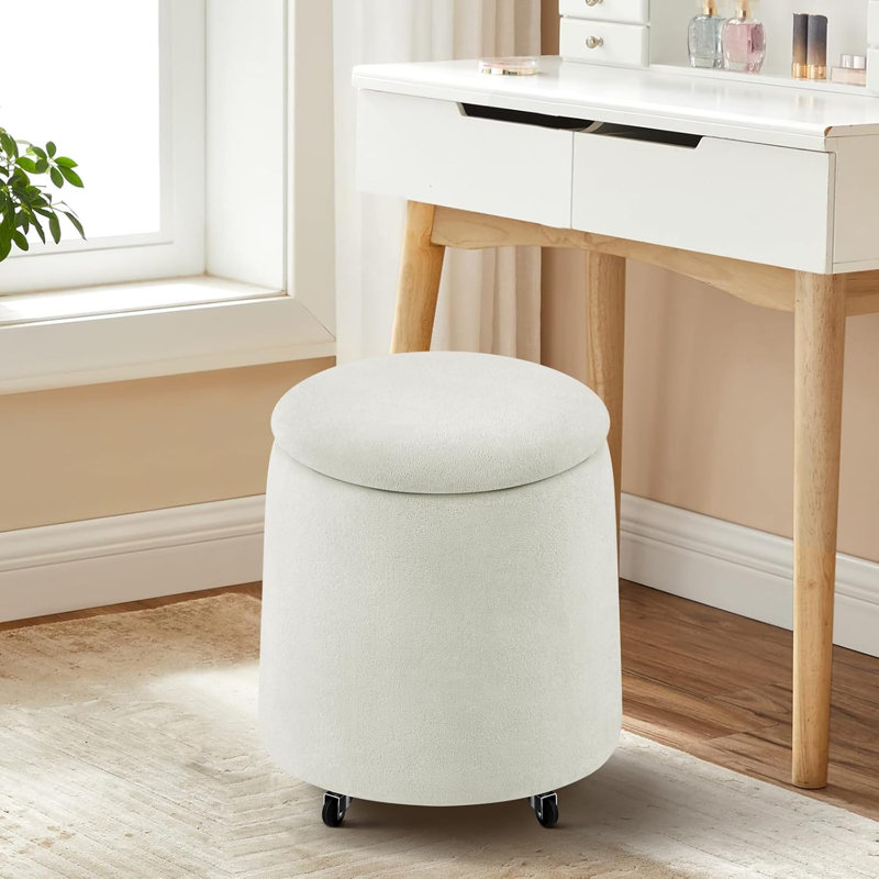 Upholstered Storage Ottoman with Wheels and Reversible Tray Lid, Small Foot Stools Ottoman for Living Room, Bedroom., Beige