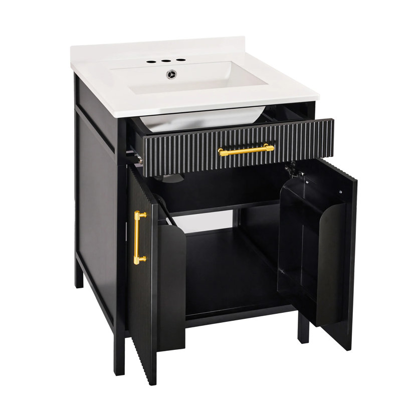 Meuble-lavabo moderne 24 po avec lavabo et 2 portes à fermeture en douceur et tiroir Modern, autoportant, Noir, Doré