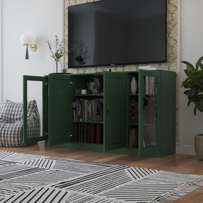 Meuble télé 100% bois massif, console de téléviseur de 65 po de largeur avec panneau surélevé, portes en verre et rangement
