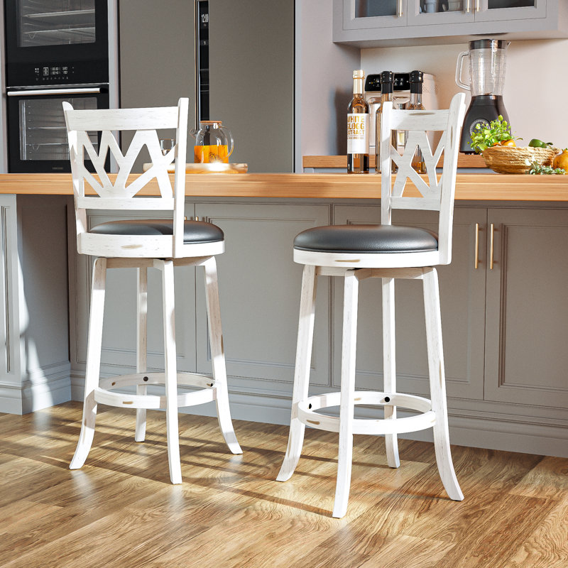 Swivel Upholstered Stool with Solid Wood Frame, White, Bar Stool (29" Seat Height)