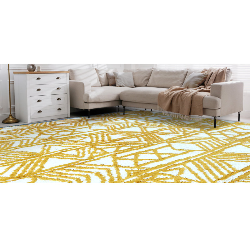 Wool Geometric Area Rug in Ivory/Gold, Rectangle 9' x 12'