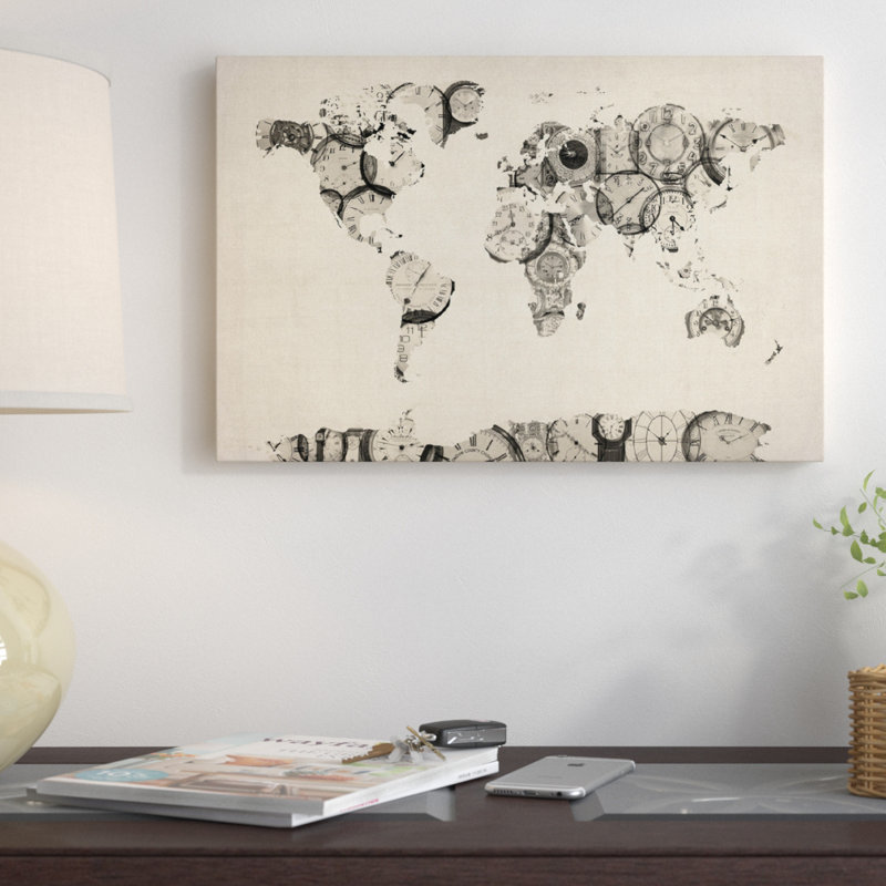«Map of the World Map from Old Clocks», reproduction d'impression, H 26 po x l 40 po x P 1,5 po, Toile encadrée d'or