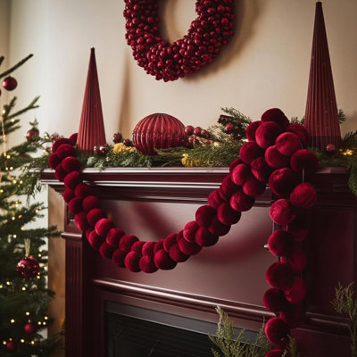 2 guirlandes de Noël en velours boule de Noël, ficelle en mousse bourgogne 70,86 pouces, guirlande de pompons artificiels pour cheminée, manteau de cheminée, arbre, mur, décoration de maison de vacances