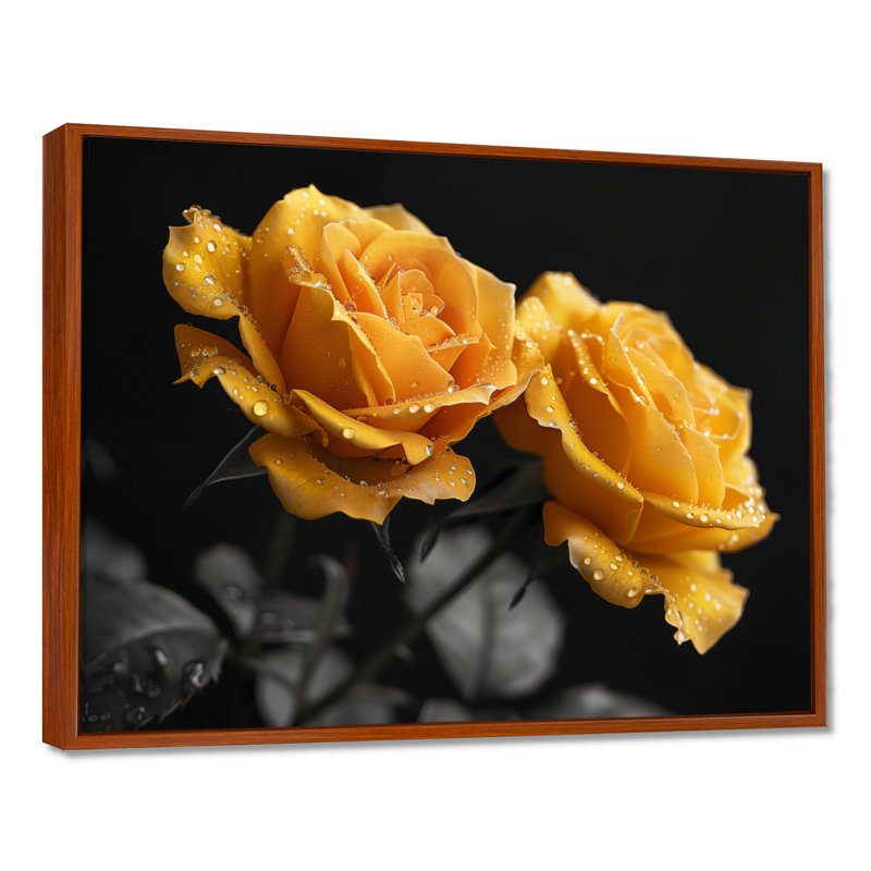 Monochromes de roses noires et jaunes Bloom II - roses, impression d'art mural, H 24 po x l 32 po, Cadre flottant brun