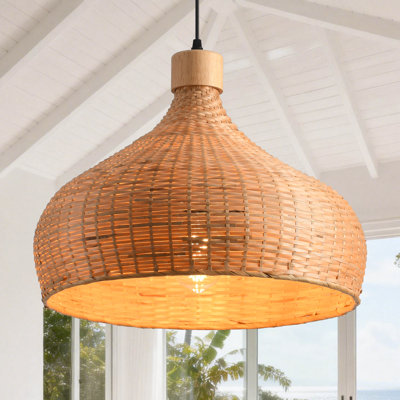 Bamboo Slice Pendant Light, Natural Bamboo Shade, Iron Frame, Adjustable Height, E27 Socket, 45 Cm Diameter, For Scandinavian Boho Decor (Bulb Not Included)