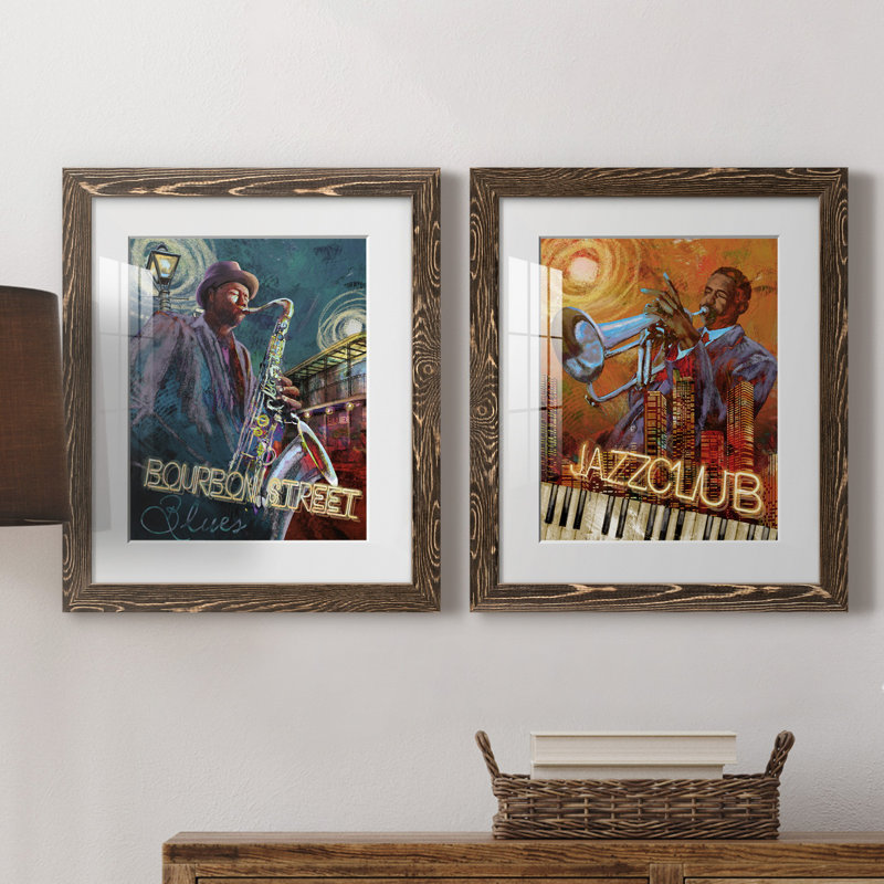 Bourbon Street Blues - ensemble de 2 reproductions sur papier, H 24 po x l 36 po x P 1,5 po, Papier, cadre noyer, Blanc