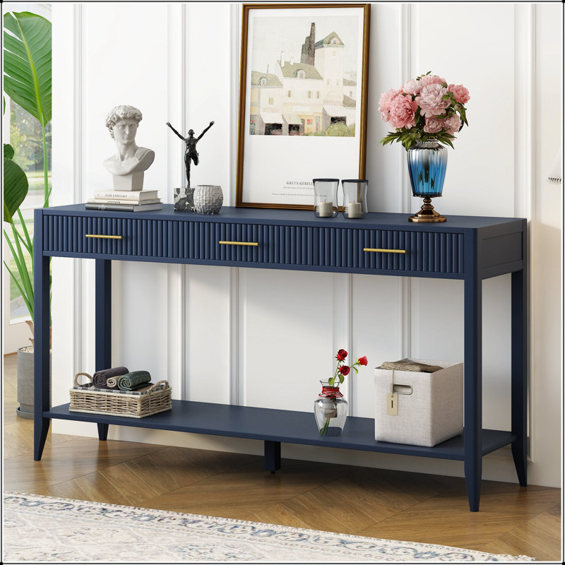 Console d'entrée de haute qualité avec tiroirs à rayures verticales, pieds longs, Marine