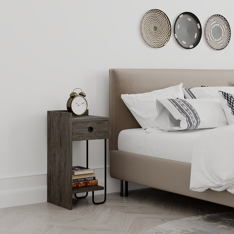 Jan Versatile Modern Bedside Table with Drawer and Open Shelf, Dark Coffee, Left Orientation