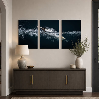 White Bird Diving Into Water Splash Set Of 3 Canvas Wall Art