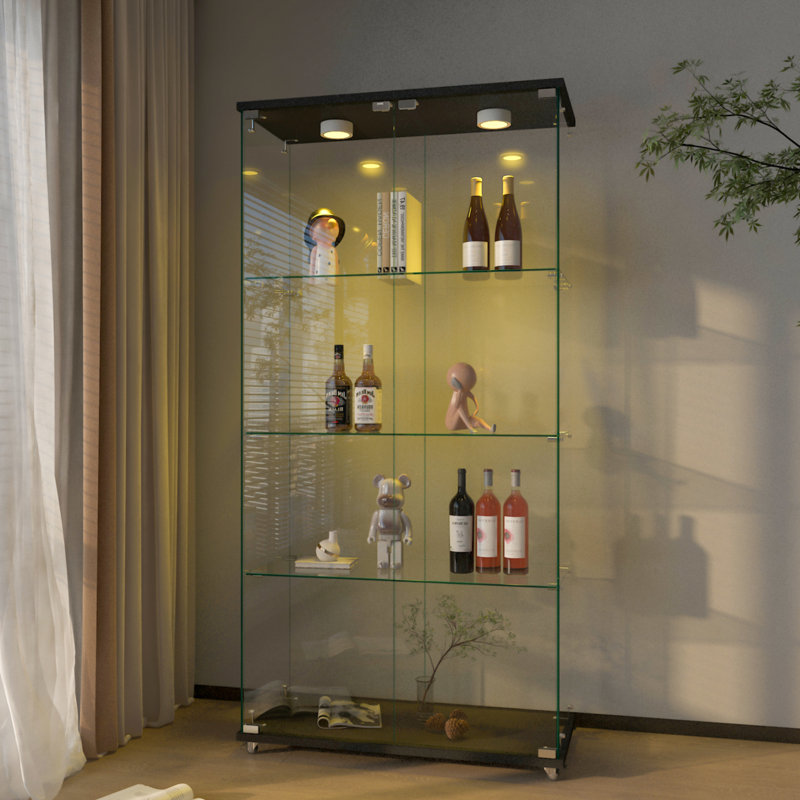 Quick - Assembly Glass Display Cabinet With Led Lights And 12 Color Adjustable Brightness, 2 Door 4 Shelf Tempered Bookshelf, For Living Room Bedroom, Transparent + 