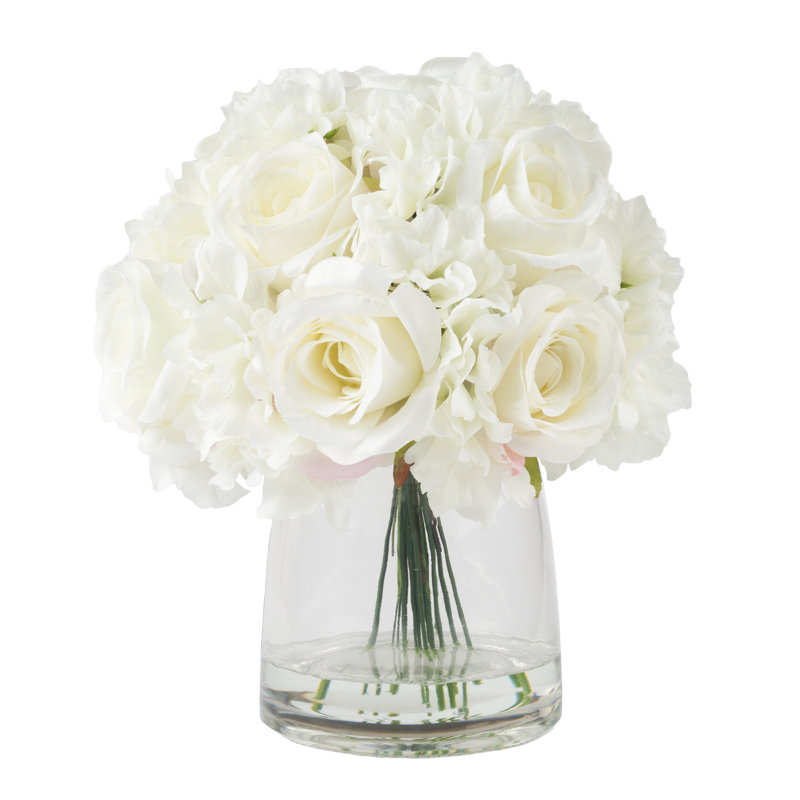 Floral Arrangement with Vase - Realistic Accent with 10 Hydrangeas and 11 Roses in Clear Glass Container with Faux Water
