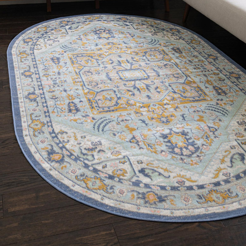 Joshette Oriental Sky Blue Area Rug, Oval 5' x 8'