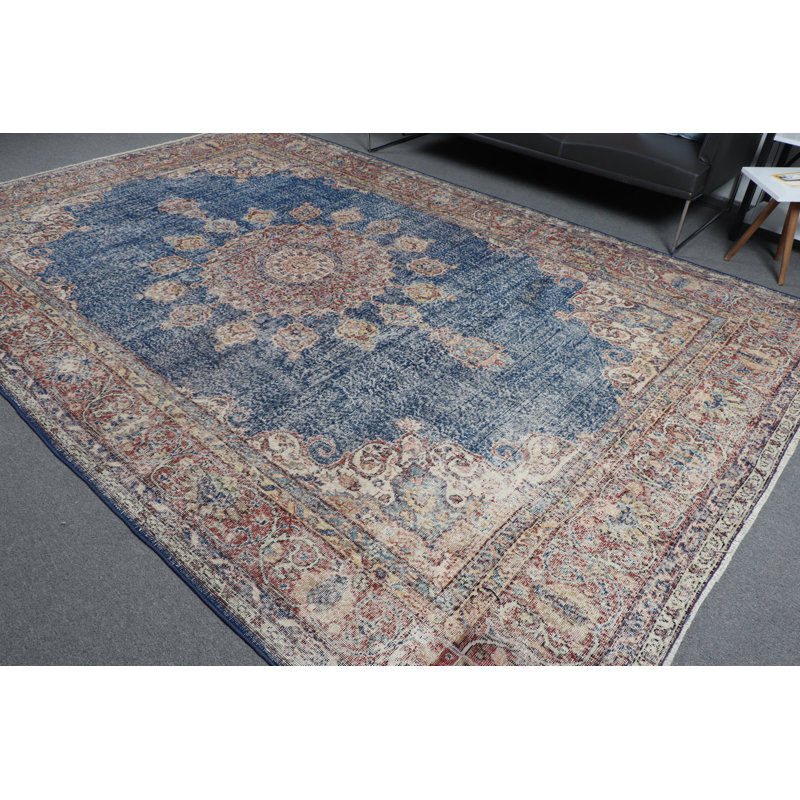 Tapis turc Anatolian rétro fait à la main en bleu marine pour salon Oushak