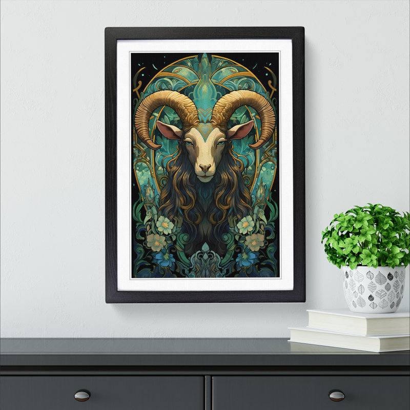 Goat Nouveau - Single Picture Frame Print on Wood, 64cm H x 46cm W x 2cm D, Black