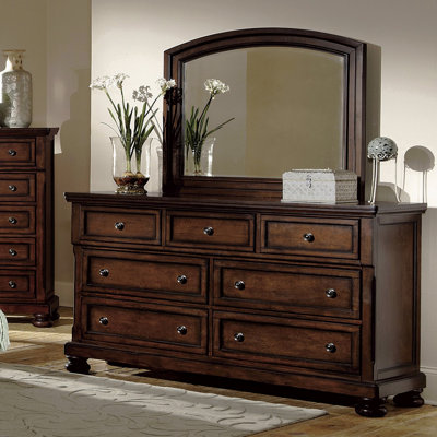 Classic Transitional Dresser Of 7 Drawers Brown Cherry Finish Birch Veneer Hidden Drawer Bun Feet Bedroom Traditional Furniture