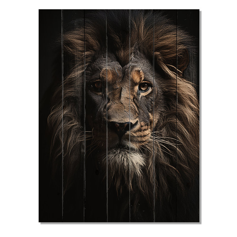 Portrait de lion noir et blanc vibrant II sur bois, H 20 po x l 10 po x P 0,78 po